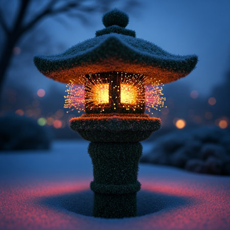 Japanese lantern in the snow at night. 3D Rendering.の素材