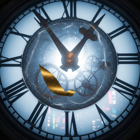 Old clock face with golden arrow in the middle. Time concept.の素材