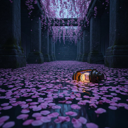 3d rendering of an old lantern in a corridor with pink flowersの素材