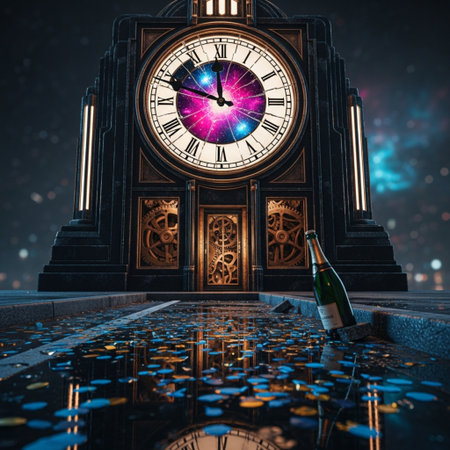 Bottle of champagne and old clock at night. 3D renderingの素材