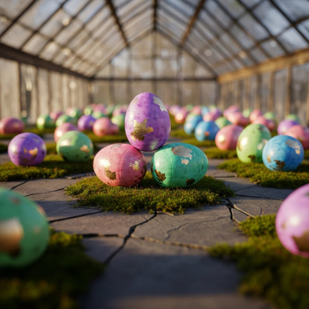 Colorful easter eggs on green grass in a hothouseの素材