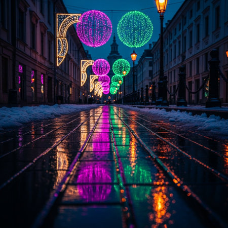 Lights on the streets of the city at night, Moscow, Russiaの素材
