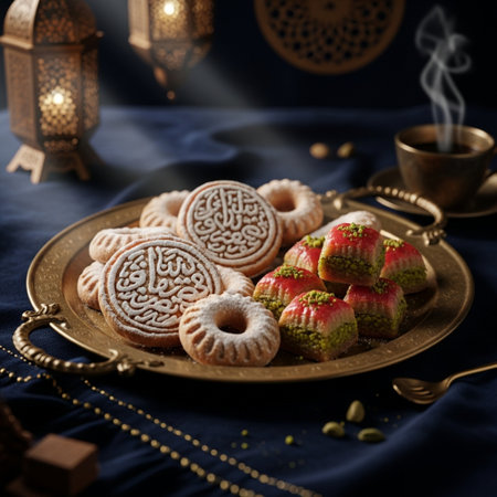 Traditional oriental sweets with pistachios on a golden plate.の素材