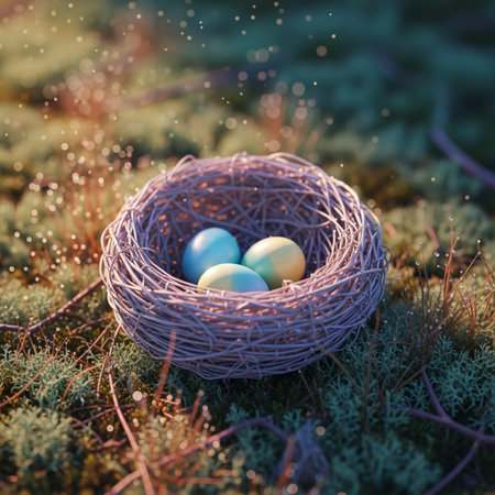 Easter eggs in a nest on a background of green grass.の素材