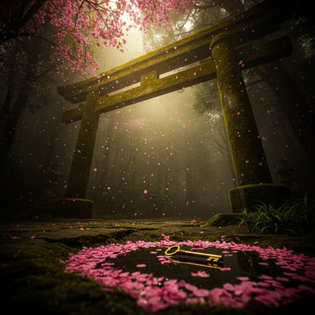 Mysterious Japanese shrine with pink cherry blossoms in a foggy morningの素材