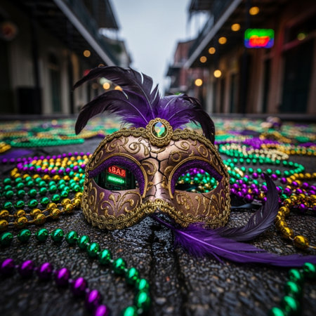 Traditional Venetian carnival mask with colorful feathers and beads.の素材