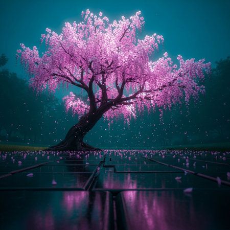 Beautiful cherry blossom tree in the park at night with fogの素材