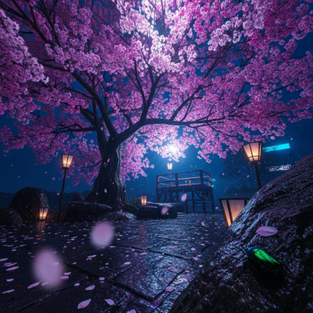 Cherry blossoms in the park at night with lanterns.の素材