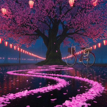 Pink cherry blossoms in the park with red lanterns and bicycleの素材