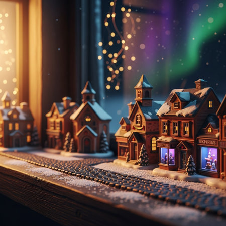 Christmas and New Year miniature village. Wooden houses on the windowsill.の素材