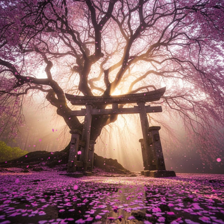 Fantasy landscape with cherry blossoms and japanese gate.の素材