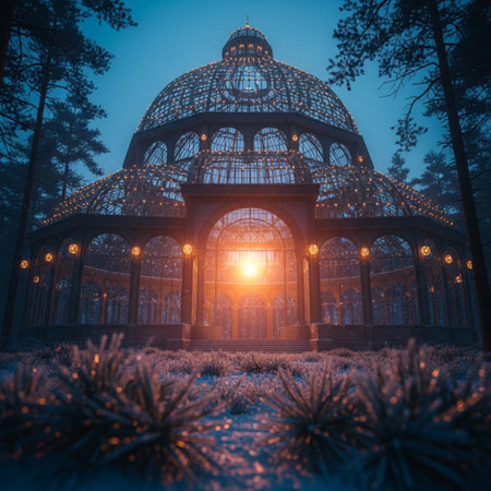 The dome of the glasshouse at night in the forest. Russia.の素材