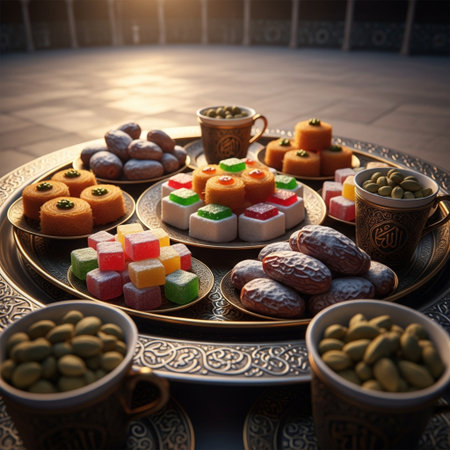 Traditional oriental sweets on the table. Ramadan Kareem background.の素材