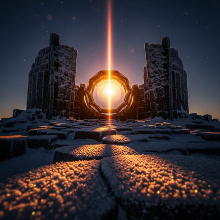 Futuristic city in snow at night, 3d render illustrationの素材