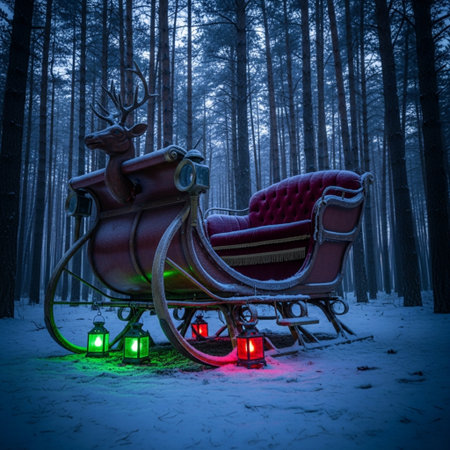 Christmas reindeer sleigh with lanterns in the winter forestの素材