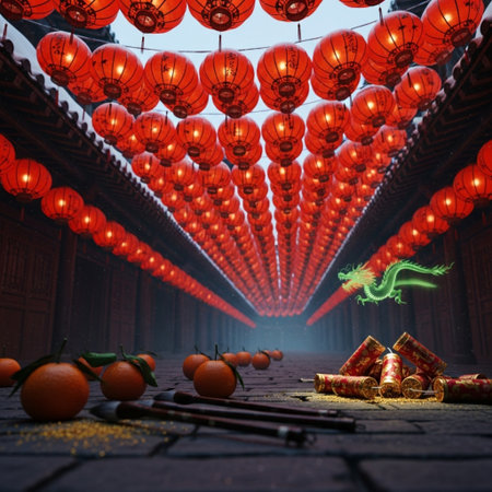 Chinese New Year lanterns in the ancient city. 3D renderingの素材