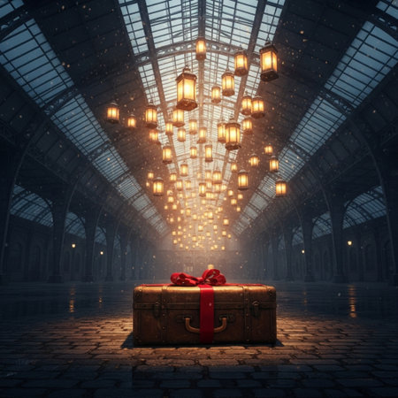 Gift box in an old warehouse interior. 3D Renderingの素材