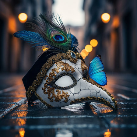 Traditional venetian carnival mask with peacock feather and bokeh backgroundの素材