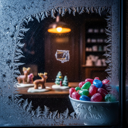 Window with frosted glass, Christmas decoration and sweets on the backgroundの素材
