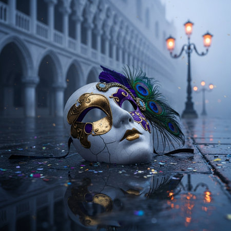 Venetian carnival mask on a foggy background. 3d renderingの素材