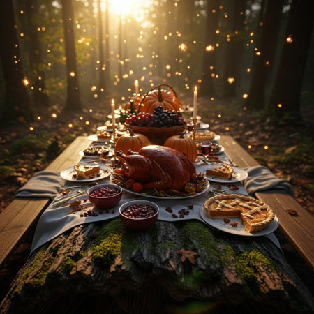 Table served for thanksgiving dinner in the autumn forest. Baked croissants, cranberries, apples, pears, nuts, berries on wooden table.の素材