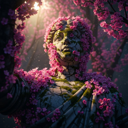 Statue of a man surrounded by pink cherry blossoms in springの素材