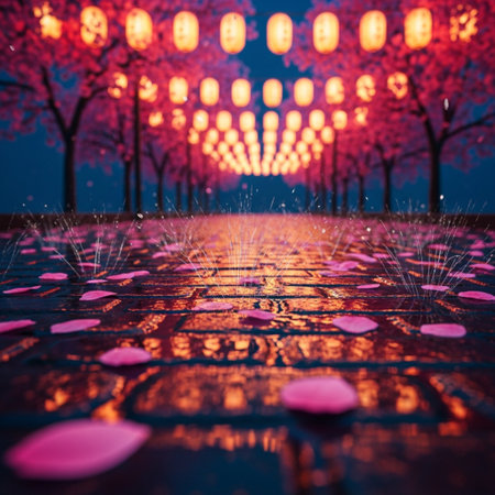 Chinese New Year lanterns with cherry blossoms on the road.の素材