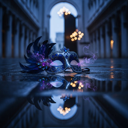 Venetian carnival mask with reflection on the ground, Venice, Italyの素材