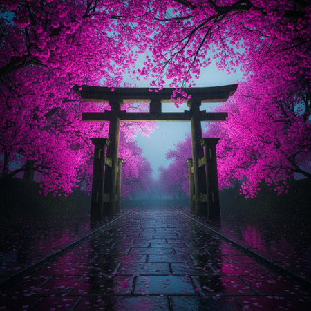 Mysterious japanese gate in the fog, 3D renderingの素材
