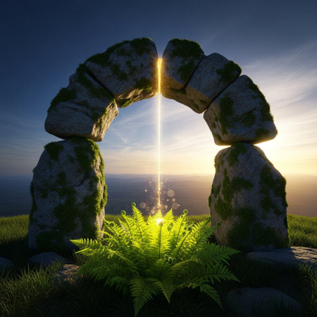 Stone arch with fern and sunlight. 3D rendered illustration.の素材