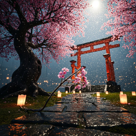 Red torii gate with cherry blossoms and lanterns in the nightの素材