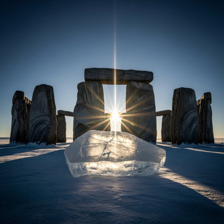 Stonehenge in winter with ice and sun, Salisbury, Wiltshire, UKの素材