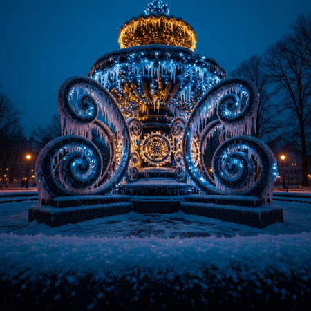 Fountain in the park at night in winter, Moscow, Russiaの素材