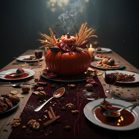 Halloween table setting with pumpkins and candlesticks on dark backgroundの素材
