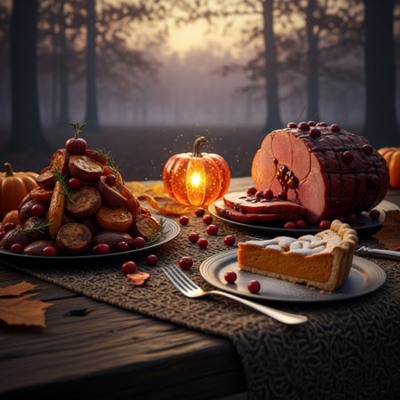 Halloween dinner with ham, cranberries and pumpkin on wooden tableの素材