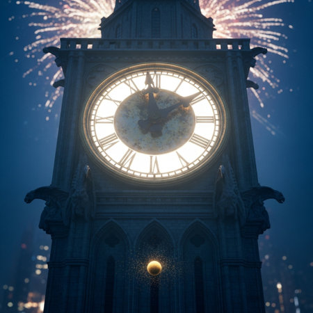 Clock face on the background of New Year's Eve with fireworks.の素材
