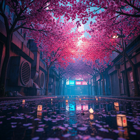 Cherry blossom in Hanoi, Vietnam at night.の素材
