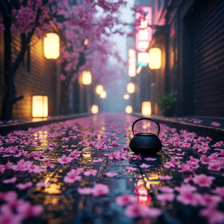 Kettle and cherry blossoms on the street in the rain.の素材