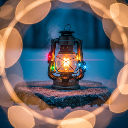 Lantern on the snow with bokeh lights. Christmas background.の素材
