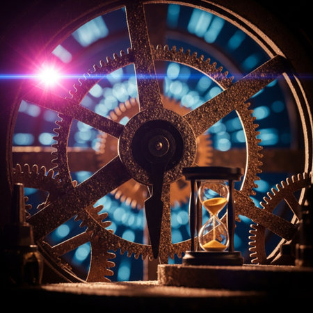 Time concept. Old vintage clock and gear wheel on dark background. Selective focusの素材