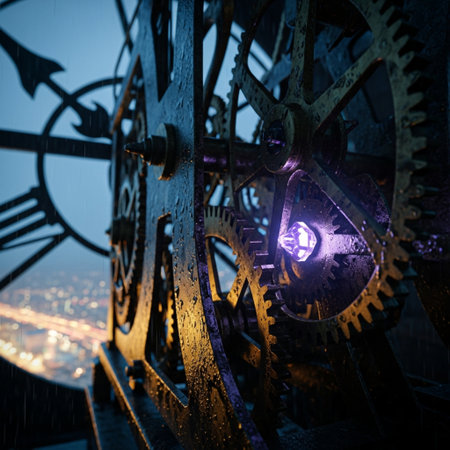 The mechanism of the old clock with the night city in the backgroundの素材