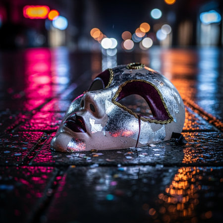 Traditional Venetian carnival mask on wet street at night.の素材
