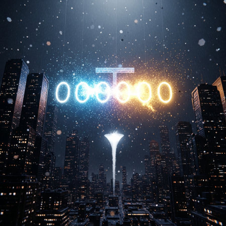 Digital composite of glowing christian cross against night city with snow fallingの素材