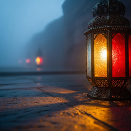 Lantern on the wooden floor with foggy background. Ramadan Kareem background.の素材