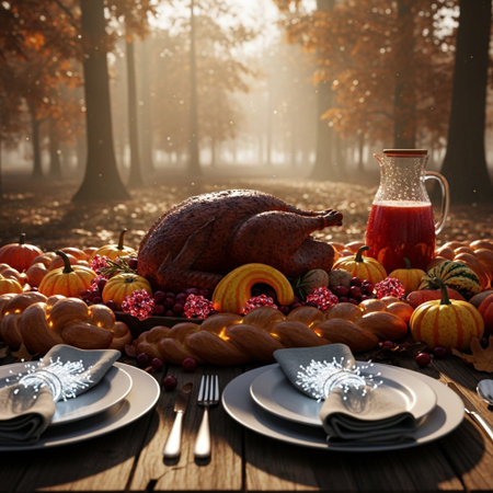 Thanksgiving dinner with roasted turkey, pumpkins and berries on wooden tableの素材