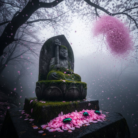 Buddha statue with cherry blossoms in the foggy forestの素材