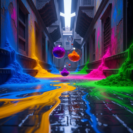 3d illustration of an ancient city street with colored glass balls.の素材
