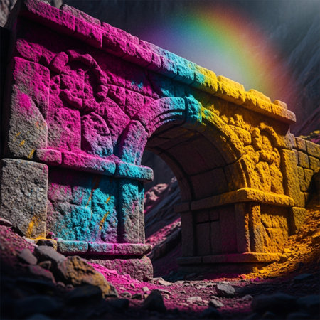 3d illustration of a fantasy landscape with an arch and a rainbowの素材