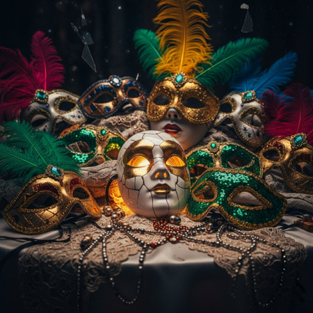 Traditional Venetian carnival mask with feathers and beads, close upの素材