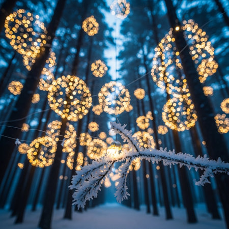 Christmas lights in the winter forest. Christmas tree branches covered with snow.の素材